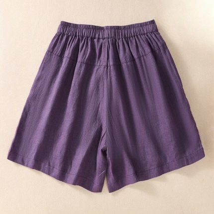 Buddha Stones Casual Floral Embroidery Pattern Drawstring Cotton Linen Women's Shorts With Pockets