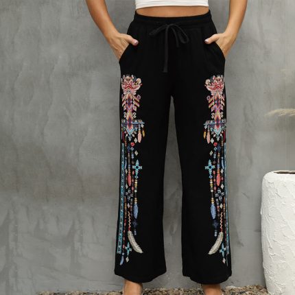 Buddha Stones Black Casual Ethnic Embroidery Cotton Linen Drawstring Women's Pants With Pockets
