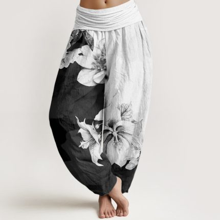 Buddha Stones Camellia Pattern Women's Elastic Waist Harem Pants