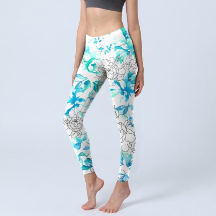 Buddha Stones Blue Watercolor Peony Flowers Lines Pattern Print Gym Leggings Women's Yoga Pants