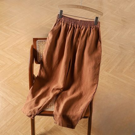 Buddha Stones Casual Plain High Waist Cotton Linen Women's Harem Pants With Pockets