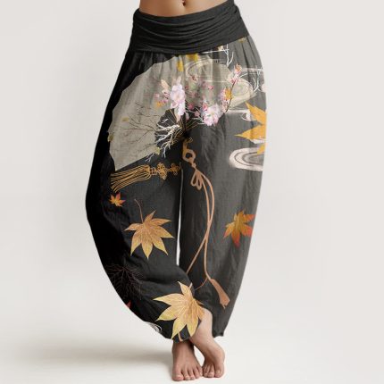 Buddha Stones Casual Folding Fan Flowers Maple Leaves Cloud Pattern Women's Elastic Waist Harem Pants