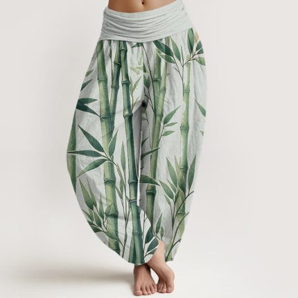 Buddha Stones Casual Bamboo Leaves Pattern Women's Elastic Waist Harem Pants