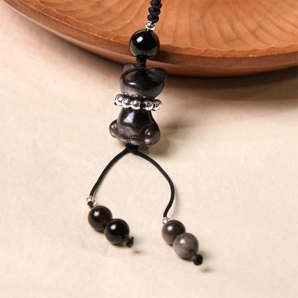 Buddha Stone Natural Silver Sheen Obsidian Noble Kitten Cat Soothing Phone Hanging Decoration