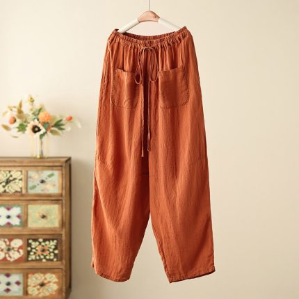 Buddha Stones Casual Plain Wrinkles Design Drawstring 9 Length Cotton Linen Women's Wide Leg Pants With Pockets