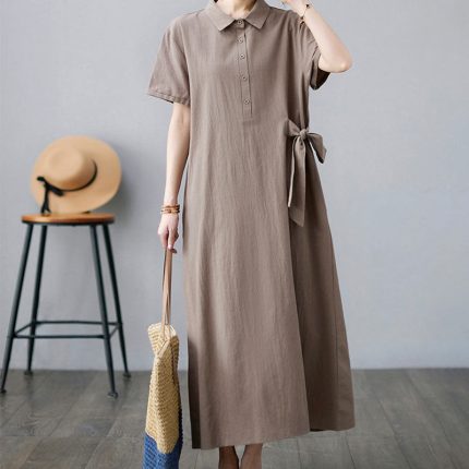 Buddha Stones Casual Plain Side Lace-Up Lapel Short Sleeve Cotton Linen Maxi Dress With Pockets
