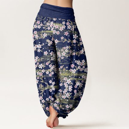 Buddha Stones Casual Cherry Blossom Water Pattern Women's Elastic Waist Harem Pants