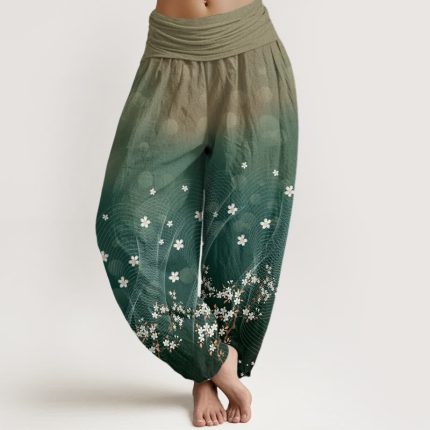 Buddha Stones Casual Gradient Floral Wavy Lines Circular Light Spots Pattern Women's Elastic Waist Harem Pants
