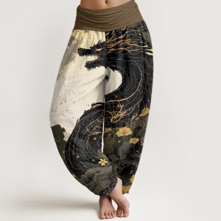 Buddha Stones Casual Dragon Ancient Tree Pattern Women's Elastic Waist Harem Pants