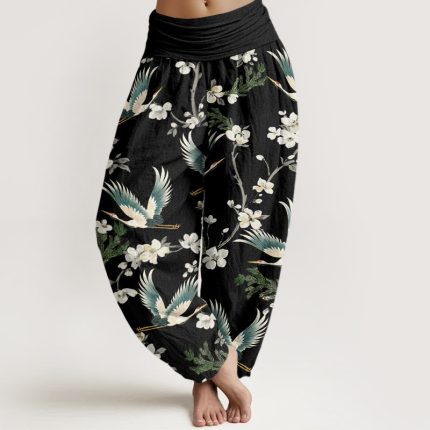 Buddha Stones Casual Flying Crane Flower Pattern Women's Elastic Waist Harem Pants