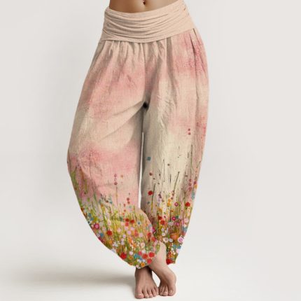 Buddha Stones Casual Colorful Wildflower Field Pattern Women's Elastic Waist Harem Pants