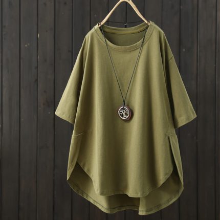 Buddha Stones Casual Loose Summer Plain Crew Neck Women's  Cotton Short Sleeve T-shirt