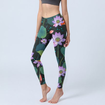 Buddha Stones Blooming Light Purple Lotus Flower Lotus Leaves Koi Fish Pattern Print Gym Leggings Women's Yoga Pants