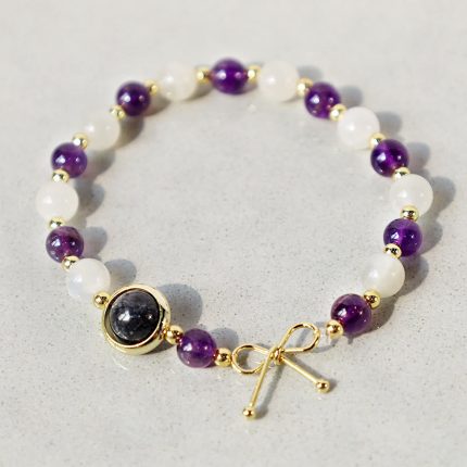 Buddha Stones Amethyst Cat Eye Black Rutilated Quartz Spiritual Bead Bracelet