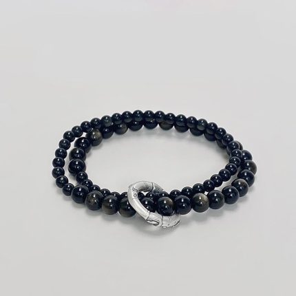 Buddha Stones 999 Sterling Silver Black Obsidian Fulfillment Strength Double Layer Bracelet