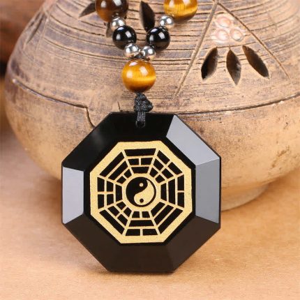 Buddha Stones Bagua Yin Yang Black Obsidian Purification Beaded Necklace Pendant