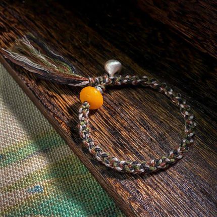 Buddha Stones 990 Sterling Silver Tibetan Handmade Amber Steelyard Weight Wish Protection Bracelet