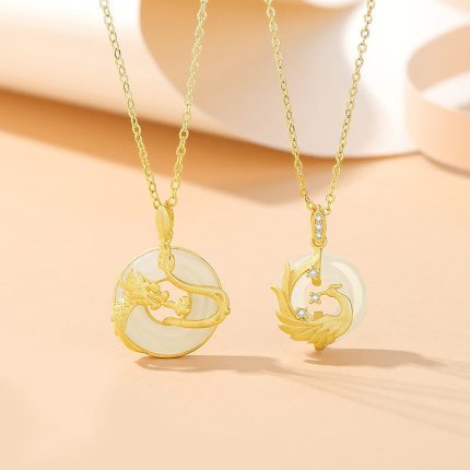 Buddha Stones 925 Sterling Silver Year of the Dragon Hetian Jade Golden Dragon Phoenix Peace Buckle Luck Necklace Pendant