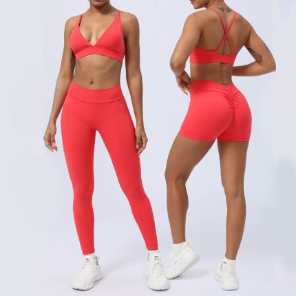 Buddha Stones 2Pcs Backless Criss-Cross Strap Design Top Bra Shorts Leggings Pants Fitness Yoga Outfit Set